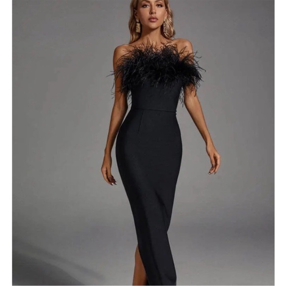 NWT Catchall Naomi Black Strapless Feather Trimmed Bandage Maxi Bodycon Dress - Picture 3 of 16